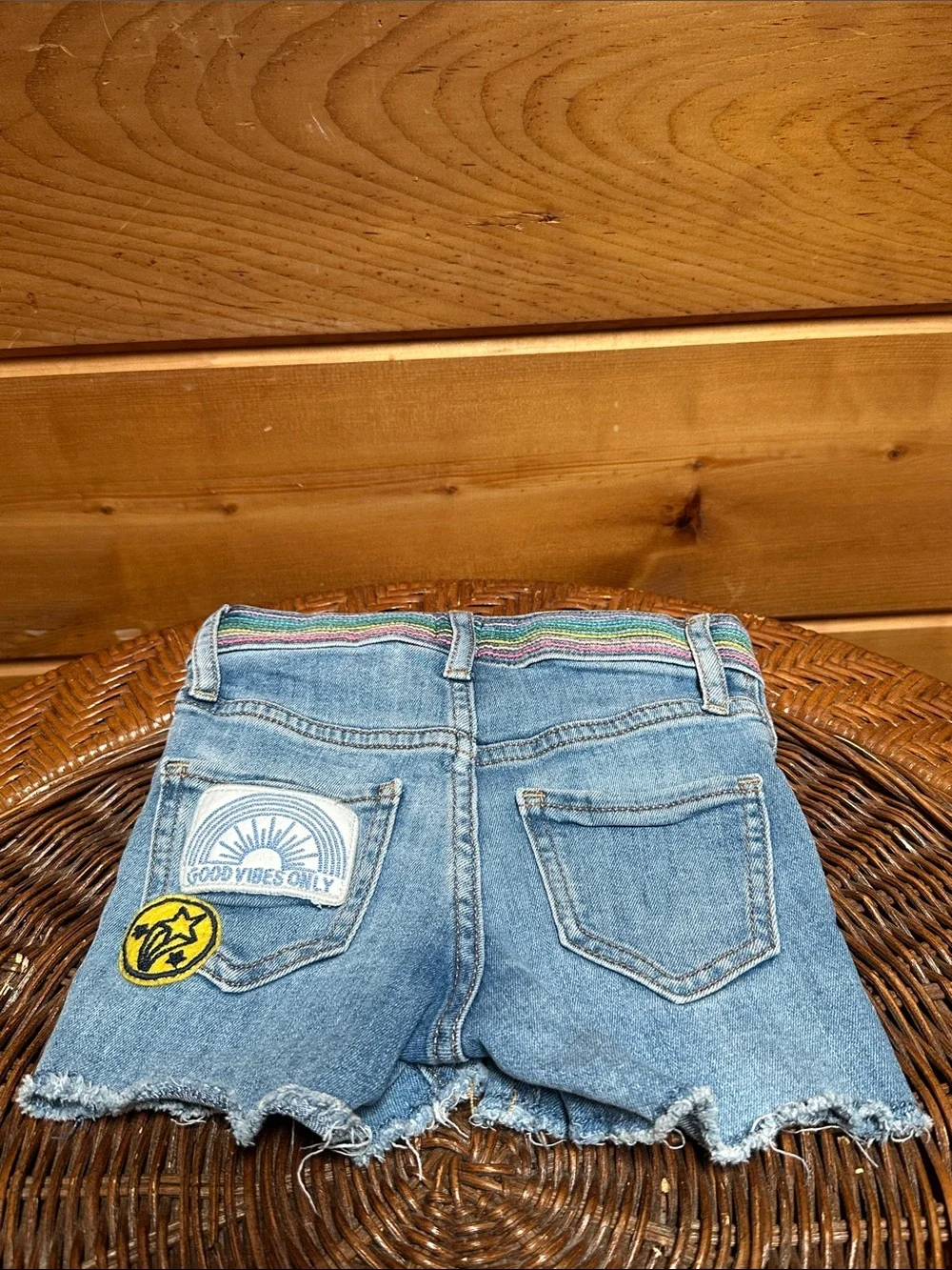 GAP denim rainbow embroidered jean shorts slim patches 5